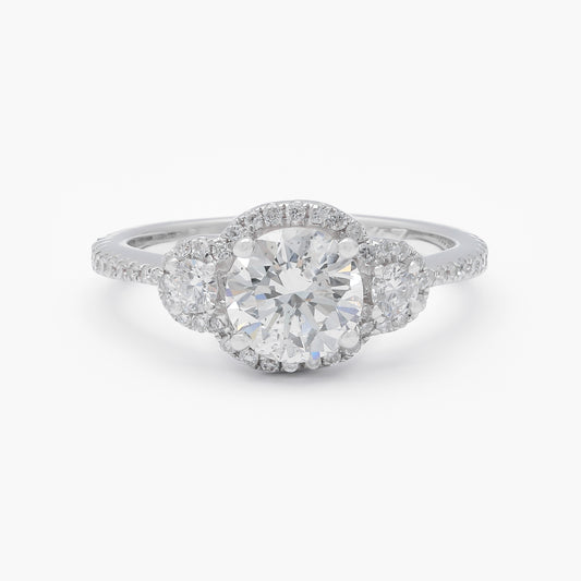 18ct White Gold 1.13ct Brilliant Cut Diamond Three Stone Halo Engagement Ring