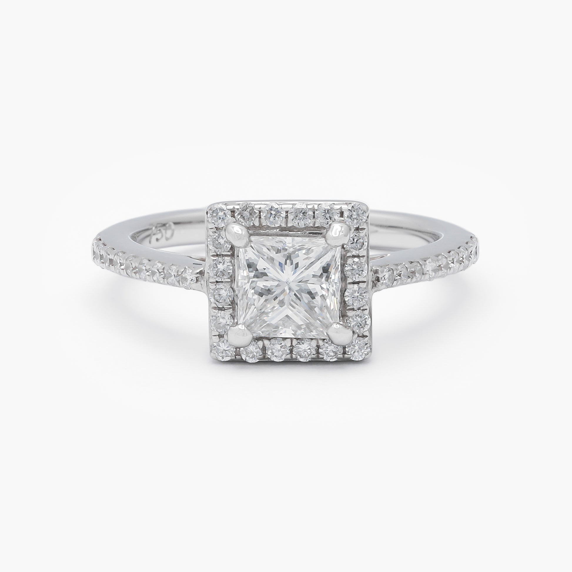 18ct White Gold 0.79ct Princess Cut Diamond Halo Engagement Ring