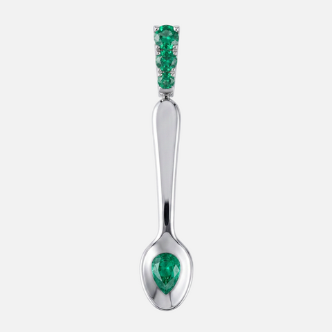 Emerald spoon pendant in 9ct white gold, front view