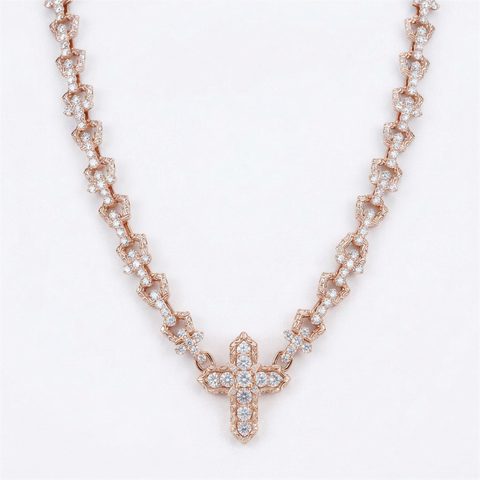 Diamond cross chain necklace in 9ct rose gold, front view