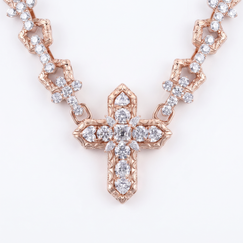 Diamond cross pendant close up on the 9ct rose gold cross chain