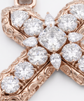 Cross pendant macro detail with cushion, round, oval, pear and heart cut diamonds in rose gold