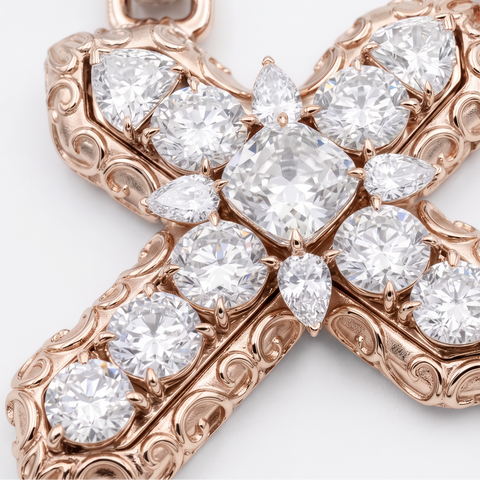 Cross pendant macro detail with cushion, round, oval, pear and heart cut diamonds in rose gold