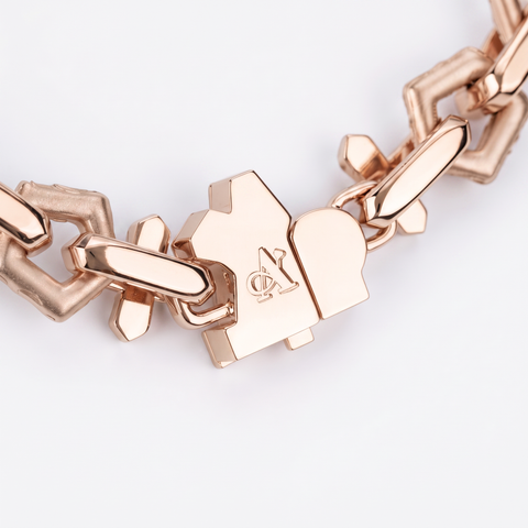 Clasp reverse with engraved A Jewellers logo on the rose gold cross chain