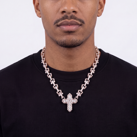 9ct rose gold diamond cross chain necklace worn on model