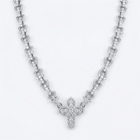 Diamond cross chain necklace in 9ct white gold, front view