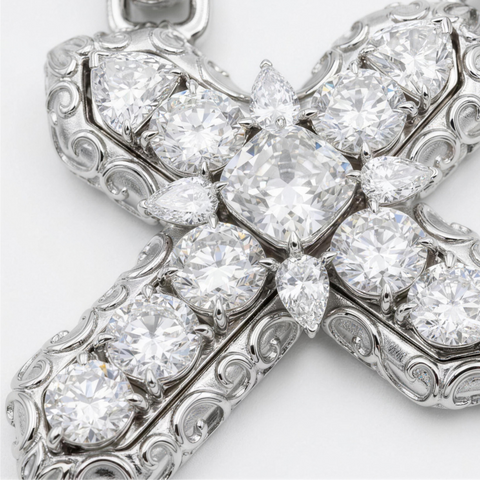 Cross pendant macro detail with cushion, round, oval, pear and heart cut diamonds