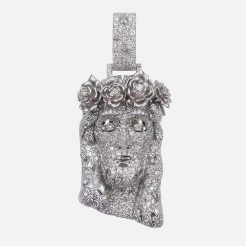 Diamond Jesus piece pendant in 9ct white gold with sculpted rose crown, front view