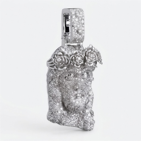 Diamond Jesus piece pendant in 9ct white gold, angled view