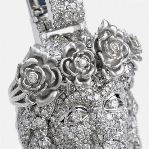 Rose crown side detail in brushed 9ct white gold on the diamond Jesus piece pendant