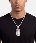 Diamond Jesus piece pendant in 9ct white gold worn on a diamond tennis chain