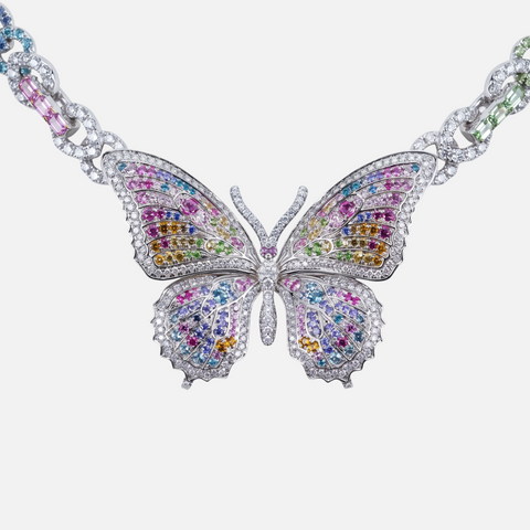 Rainbow butterfly diamond necklace pendant in 9ct white gold, front view