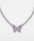 Rainbow butterfly necklace in 9ct white gold, full necklace flat lay
