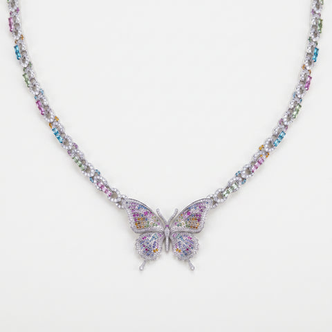 Rainbow butterfly necklace in 9ct white gold, full necklace flat lay