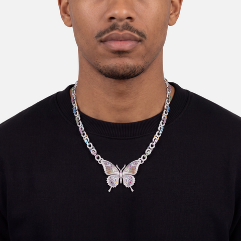 Rainbow butterfly diamond necklace in 9ct white gold worn on model